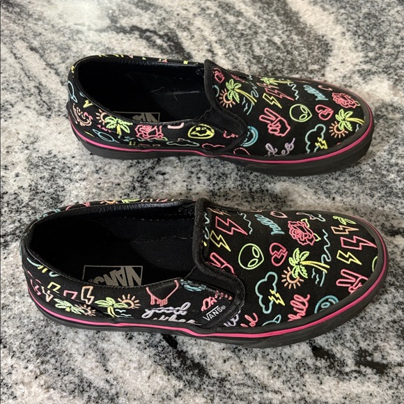 Vans Black Slip-Ons with Neon Graphics - Picture 3 of 6